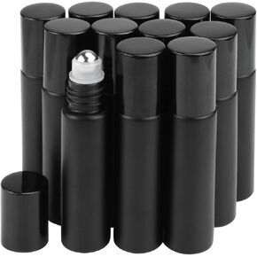 12 Pack 10ml Glass Roller Bottles Black Frosted Roll On Bottles Essential Oil Roller Bottles Perfume Sample Bottles Cosmetic Containers With Stainless Steel Roller Balls Opener&Dropper included