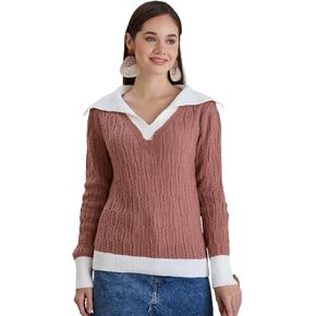 Sweaters for Women Fashion Long Sleeve Lapel Collar V Neck Casual Knit Color Block Pullover Sweater