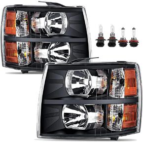 Headlights Assembly W/Bulbs compatible with 2007-2013 Chevy Silverado 1500,07-14 Silverado 2500HD 3500 Headlights Headlamp Pair, Black Housing Amber Side