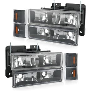 Headlights Assembly Replacement For Chevy Silverado Suburban Tahoe C10 C/K 1500 C2500 C3500 1994-1998, Chrome With Amber Reflector
