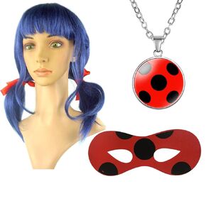 Ladybug Wig Cosplay Wig Blue Wig Ladybug Eye Patch and Necklace Halloween Wig Costume Ladybug Costume Wig