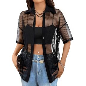 Avanova Women See Through Mesh Button Down Shirt Half Sleeve Stand Collar Blouse Tops