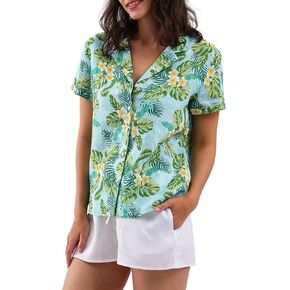 Amazhiyu Women's 100% Linen Hawaiian Shirt Casual Short Sleeve Button Down Shirts