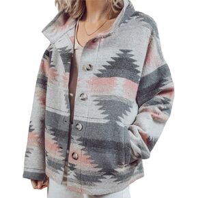 Women's Casual Aztec Shacket Jacket Wool Blend Button Down Long Sleeve Western Tribal Vintage Loose Shirt Top