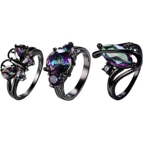Black Gold Gothic Statement Rings: 3PCS Butterfly Flower Oval Punk Party Rings Halloween Punk Rock Accessories Costume for Women