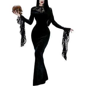 Black Lace Costume Dress for Halloween Long Sleeve Maxi Party Cosplay Dresses