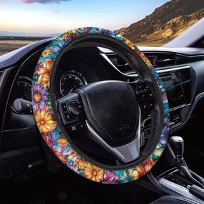 Colorful Boho Floral Print Steering Wheel Cover Universal 15 Inch Breathable Car Steering Wheel Accessories, Auto Steering Wheel Cover