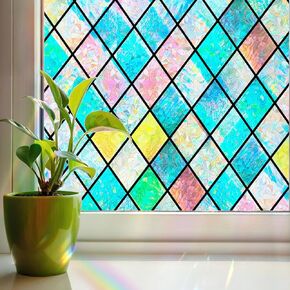 Window Privacy Film Stained Glass Window Film Colorful Lattice Window Tint 3D Rainbow Glass Decorative for Home Anti UV，15.7 x 78.7 inches