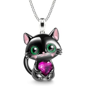 Black Cat Necklace Cute Cat Necklace Rhinestone Heart Necklace Cat Heart Necklace Jewelry for Women and Teen Girls