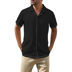 Cakulo Mens Casual Short Sleeve Button Down Shirts Summer Beach Vacation V Neck Collared Shirt