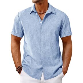 Runcati Mens Short Sleeve Shirt Button Down Casual Linen Texture Summer Beach Wedding Tops