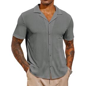 Runcati Mens Casual Button Down Shirts Short Sleeve Cuban Collar Textured Shirt Beach Summer Stretch Tops