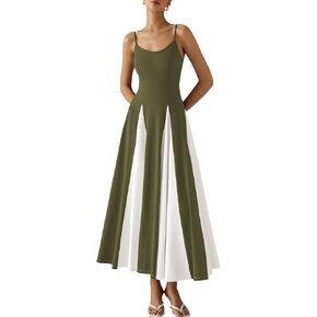 PRETTYGARDEN Spaghetti Strap Color Block Spring Dresses for Women 2025 Trendy Sleeveless Maxi Dress Flowy Prom Dresses