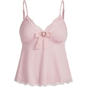 SHENHE Women's Coquette Bow Babydoll Top Lace Trim Heart Eyelet Cute Camisole Tank Top