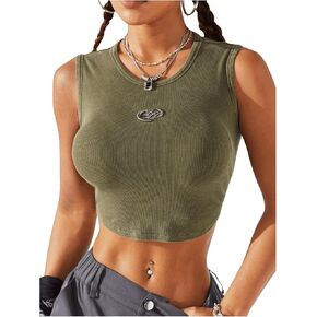WDIRARA Women's Letter Print Asymmetrical Hem Cropped Tank Tops Ribbed Knit Textured Slim Fit Tank