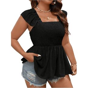 WDIRARA Women's Plus Size Smocked Cap Flounce Sleeve Tank Top Ruffled Hem Square Neck Tops
