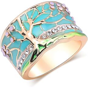 HUASAI Boho Statement Ring Lucky Tree Wide Band Ring Enamel Resin Ring Flower Band Ring Chunky Thumb Ring Statement Finger Ring Dainty Tree Rhinestone Ring Birthday Gift