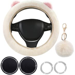1 Sets 6 Pieces Fluffy Steering Wheel Cover for Women Girls, Includes Soft Fur Steering Wheel Cover Car Coaster Plush Keychain Rhinestone Ring Sticker,Universal 15 Inch Car Accessories (Pink)