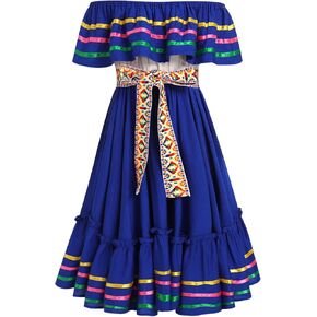 Traditional Mexican Dress for Girls Tie Waist Vestidos Mexicanos para Mujer Cinco de Mayo Dance Cultural Dresses