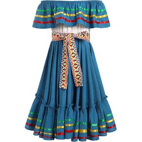 Traditional Mexican Dress for Girls Tie Waist Vestidos Mexicanos para Mujer Cinco de Mayo Dance Cultural Dresses