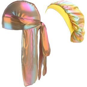 Durags and Bonnets 2pcs/Set for Men Women 360 Wave, Long Tail Silky Doo rag and Turban Sleep Cap in Kuwait