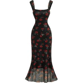 Milumia Women's Floral Mesh Square Neck Bodycon Dress Vintage Sheer Fishtail Long Dresses