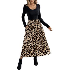 Milumia Women's Colorblock Leopard Print Scoop Neck Long Sleeve Flared Midi Dress