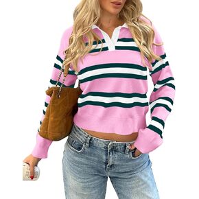 Cicy Bell Womens Cropped Polo Sweater Striped Long Sleeve Shirts Lightweight Color Block Knit Pullover Tops