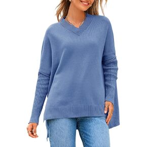 NOLLSOM Women's Sweaters Batwing Long Sleeve Sweaters 2024 Fall Oversized Ribbed Knit Side Slit V Neck Pullover Tops