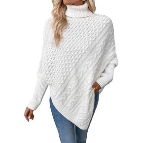 MakeMeChic Women's Turtleneck Cable Knit Poncho Sweater Asymmetrical Long Sleeve Pullover Top