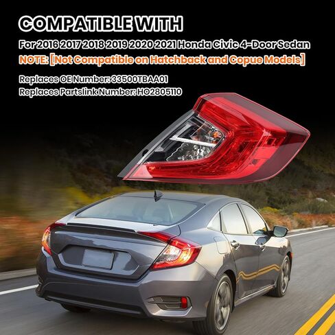 Outer Tail Light Compatible with 2016 2017 2018 2019 2020 2021 Honda Civic 4-Door Sedan with Bulbs Replace 33500TBAA01 HO2805110 Right Passenger Side in Saudi Arabia