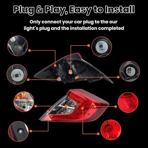 Outer Tail Light Compatible with 2016 2017 2018 2019 2020 2021 Honda Civic 4-Door Sedan with Bulbs Replace 33500TBAA01 HO2805110 Right Passenger Side in Saudi Arabia