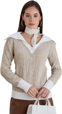 Sweaters for Women Fashion Long Sleeve Lapel Collar V Neck Casual Knit Color Block Pullover Sweater in Saudi Arabia
