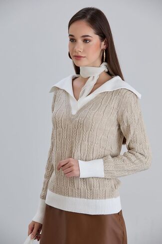 Sweaters for Women Fashion Long Sleeve Lapel Collar V Neck Casual Knit Color Block Pullover Sweater in Saudi Arabia