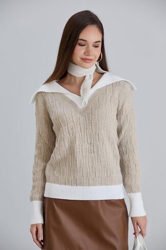 Sweaters for Women Fashion Long Sleeve Lapel Collar V Neck Casual Knit Color Block Pullover Sweater in Saudi Arabia