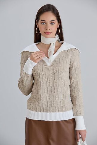 Sweaters for Women Fashion Long Sleeve Lapel Collar V Neck Casual Knit Color Block Pullover Sweater in Saudi Arabia