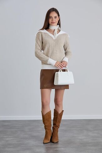 Sweaters for Women Fashion Long Sleeve Lapel Collar V Neck Casual Knit Color Block Pullover Sweater in Saudi Arabia
