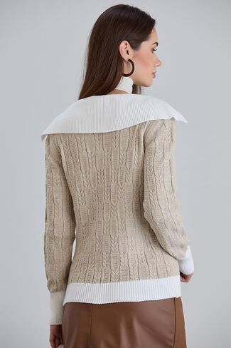 Sweaters for Women Fashion Long Sleeve Lapel Collar V Neck Casual Knit Color Block Pullover Sweater in Saudi Arabia