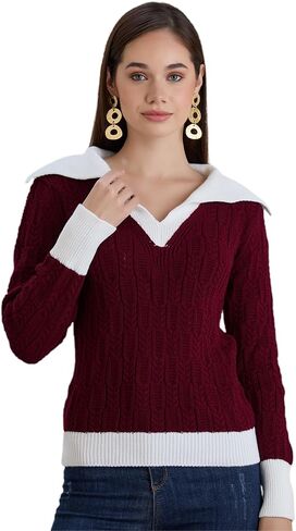 Sweaters for Women Fashion Long Sleeve Lapel Collar V Neck Casual Knit Color Block Pullover Sweater in Saudi Arabia