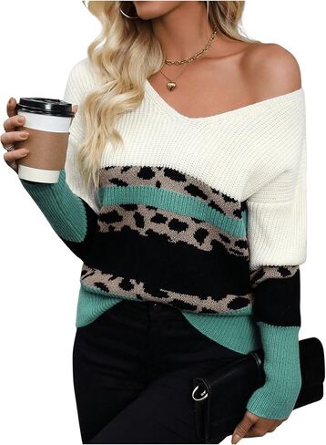 MakeMeChic Women's Leopard Print Sweater Off Shoulder Color Block Long Sleeve V Neck Knit Tops in Saudi Arabia