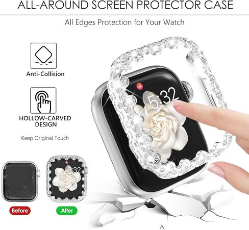 WINGLE Bling Bumper Case Compatible for Apple Watch Series 6/5/4/SE/SE2 40mm, 4 Leaf Clover Diamond Protective Face Cover for Women, Hard PC Frame Protector for Apple Watch Case 40mm Lace Edge Pink in Kuwait