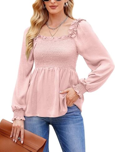 Clarisbelle Women's Casual Long Sleeve Square Neck Slim Fit Ruffle Hem Smocked Top in Saudi Arabia