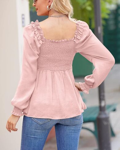 Clarisbelle Women's Casual Long Sleeve Square Neck Slim Fit Ruffle Hem Smocked Top in Saudi Arabia