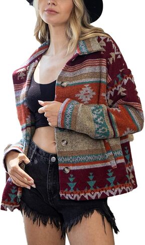 Women's Casual Aztec Shacket Jacket Wool Blend Button Down Long Sleeve Western Tribal Vintage Loose Shirt Top in Saudi Arabia