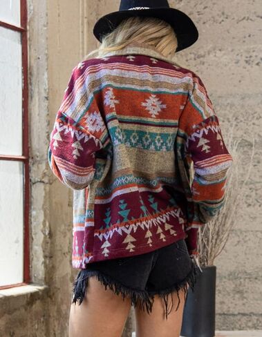 Women's Casual Aztec Shacket Jacket Wool Blend Button Down Long Sleeve Western Tribal Vintage Loose Shirt Top in Saudi Arabia