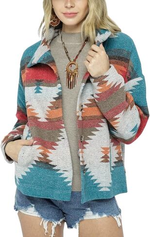 Women's Casual Aztec Shacket Jacket Wool Blend Button Down Long Sleeve Western Tribal Vintage Loose Shirt Top in Saudi Arabia