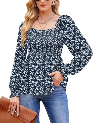 Clarisbelle Women's Casual Long Sleeve Square Neck Slim Fit Ruffle Hem Smocked Top in Saudi Arabia