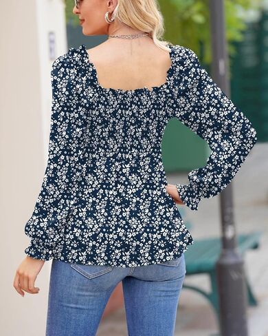 Clarisbelle Women's Casual Long Sleeve Square Neck Slim Fit Ruffle Hem Smocked Top in Saudi Arabia