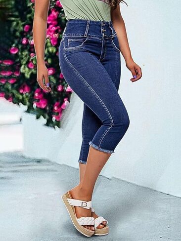 بنطال كابري عالي الخصر للنساء من Flamingals بنطال كابري ضيق بأزرار سفلية in Kuwait