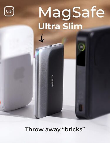 LISEN 0.5'' Ultra Slim MagSafe Power Bank, [All Alloy] 10,000mAh Magnetic Wireless Portable Charger, Fast Charging MagSafe Battery Pack for iPhone 16 Pro Max/Plus/16, iPhone 15/14/13/12, Glacier Gray in Kuwait